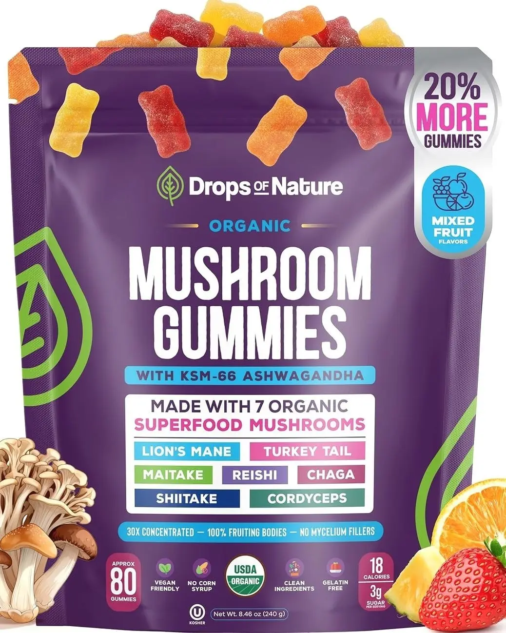Drops Of Nature Organic Mushroom Gummies & Ashwagandha - Mixed Berry, 80 ct | KSM-66 Ashwagandha Gummies with 7 Superfood Mushroom Lions Mane Reishi Turkey Tail Chaga & More, Low Carb Vegan, Gelatin-Free