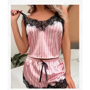 Pink Stripe Lace Cami Pajama Set Cute Loungewear for Women Premium Satin Fabric Romantic Lace Details Flattering Fit Versatile Style One Size Fits Most