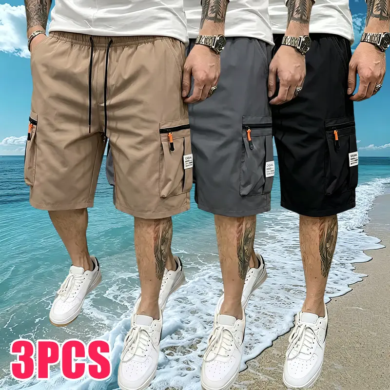 Clean Gent Men’s Solid Color Cargo Shorts 3-Piece Set — lightweight, stylish shorts with flap pockets; casual and comfortable summer menswear suitable for everyday wear, work, sports, and outdoor activities.
