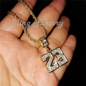 Hip Hop Iced Gold Plated Number 23 Pendant & 3mm 24" Rope Chain Bling Necklace
