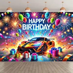 Sports Car Birthday Party Backdrop - 243.84x182.88cm Polyester Banner with Fireworks, Balloons & Gifts, Indoor/Outdoor Decoration for Studio, Festive Celebrations & Photo Props, Birthday Party Decorations, Birthday Party Decorations Ornaments White