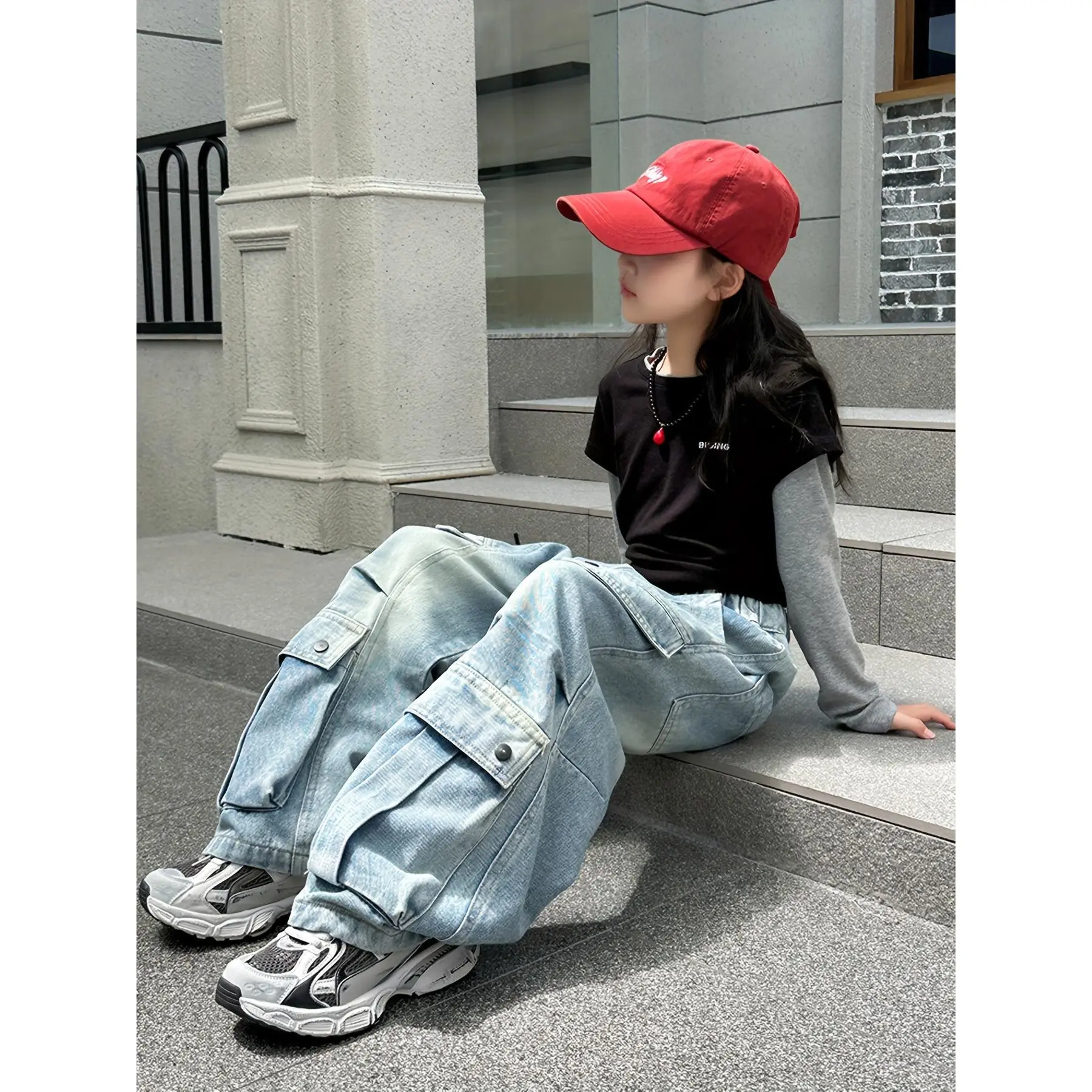 Girls' Work Pants Wide Leg Oversized Jeans with Elastic Waist & Pockets - Heavy-Duty All-Season Cargo Pants for Girls & (Hand Washable, Beltless Design) - Casual Outdoor Play & Wear New Style