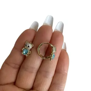 Small Gold Laminated 14 Rings with Bear Design & Blue Heart-Shaped Topaz High-Quality 14k Gold Plated Jewelry Accessories for Daily Wear