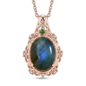 Premium  Labradorite and Multi Gemstone 5.65 ctw Pendant in 18K Rose Gold Plated with ION Plated Rose Gold Stainless Steel Necklace 20 Inches