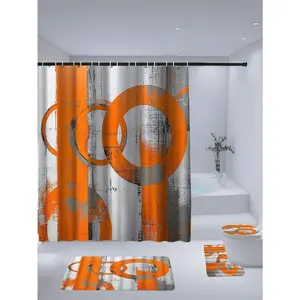 1/4pcs Modern Abstract Orange & Gray Bathroom Set, Suitable For YLTZ Products - Includes Shower Curtain, Bath Mat, U-Shaped Mat, Toilet Lid Cover & 12 Hooks, Size 70.87x70.87 Inches, Machine Washable Coordinated Set, Shower Curtain,