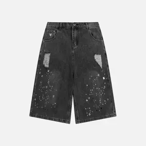 Aelfric Eden Rhinestone Washed Jorts Unisex Distressed Oversized Street Punk Black Denim Mid-Length Shorts Casual Embellished Pocket Badge Bottoms