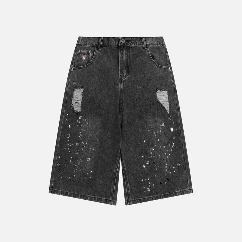 Aelfric Eden Rhinestone Washed Jorts Unisex Distressed Oversized Street Punk Black Denim Mid-Length Shorts Casual Embellished Pocket Badge Bottoms