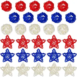 30 Pcs 4th of July Rattan Ball Decorations Patriotic Red White Blue Wicker Star Memorial Day Vase Bowl Filler 250th Anniversary Home Decor for Party Supplies Table Decor Craft Ornament