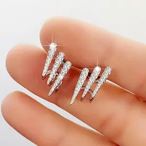 Huitan Simple Stylish Girls Stud Earrings Silver Color Geometric Three Lines Shape with CZ Exquisite Fashion Jewelry for Women