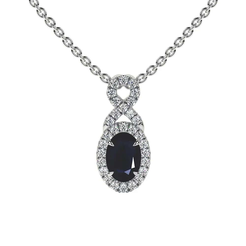 Oval Cut Blue Sapphire Twist Halo Pendant (0.80cttw)- PBS002-6X4-A