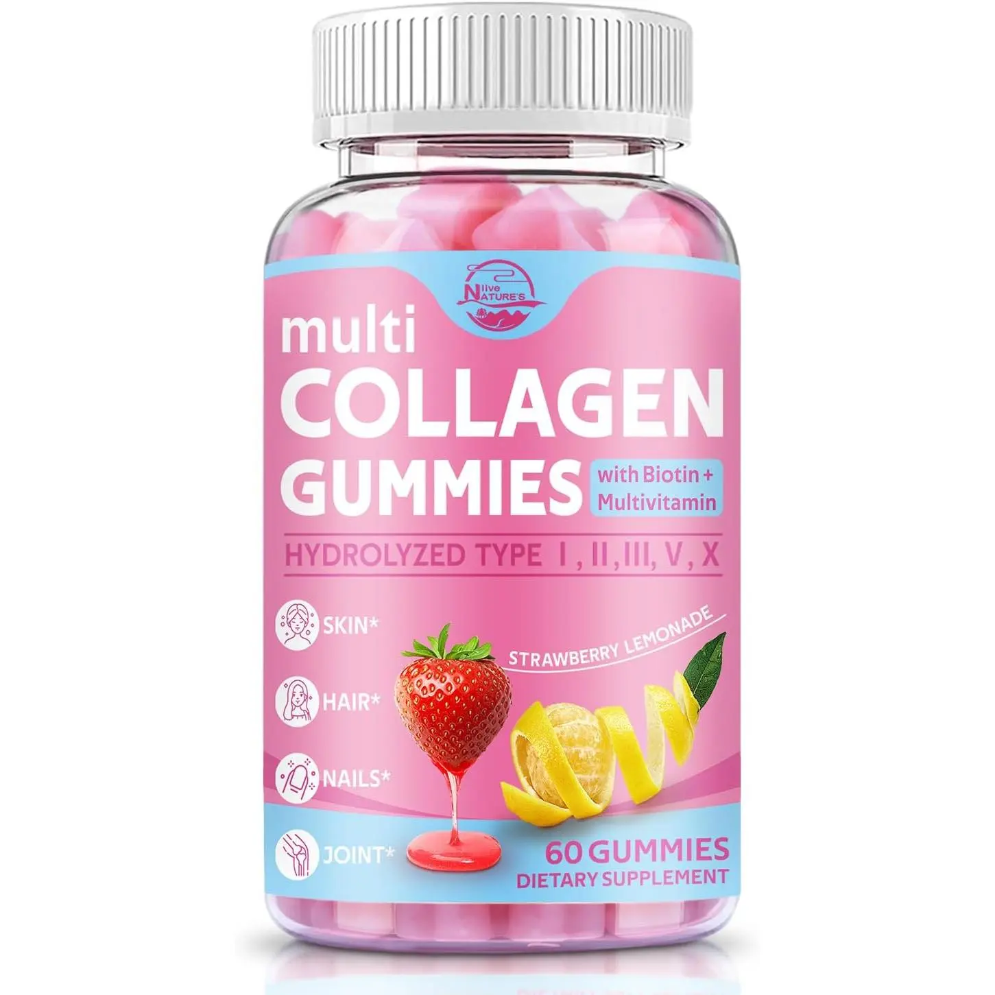 Hydrolyzed Multi Collagen Peptides Gummies Type I II III V X with Biotin and Hyaluronic Acid for Hair Growth Skin Elasticity Strong Nails and Joint Health Support Anti Aging Daily Beauty Supplement for Women Men 60 Count