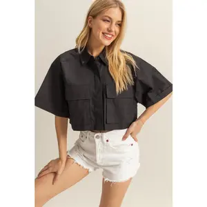 Lenalux Front Pockets Poplin Collared Neck Crop Shirt varsity jacket Cotton Chic Coats Breathable Womenswear Comfortable Top for Women