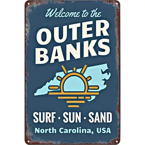 Outer Banks North Carolina Surf-Sun-Sand Lightweight Hanging Metal Tin Sign Wall Art Decoration Plaque, 8x12 in Home Bar Living Room Decor