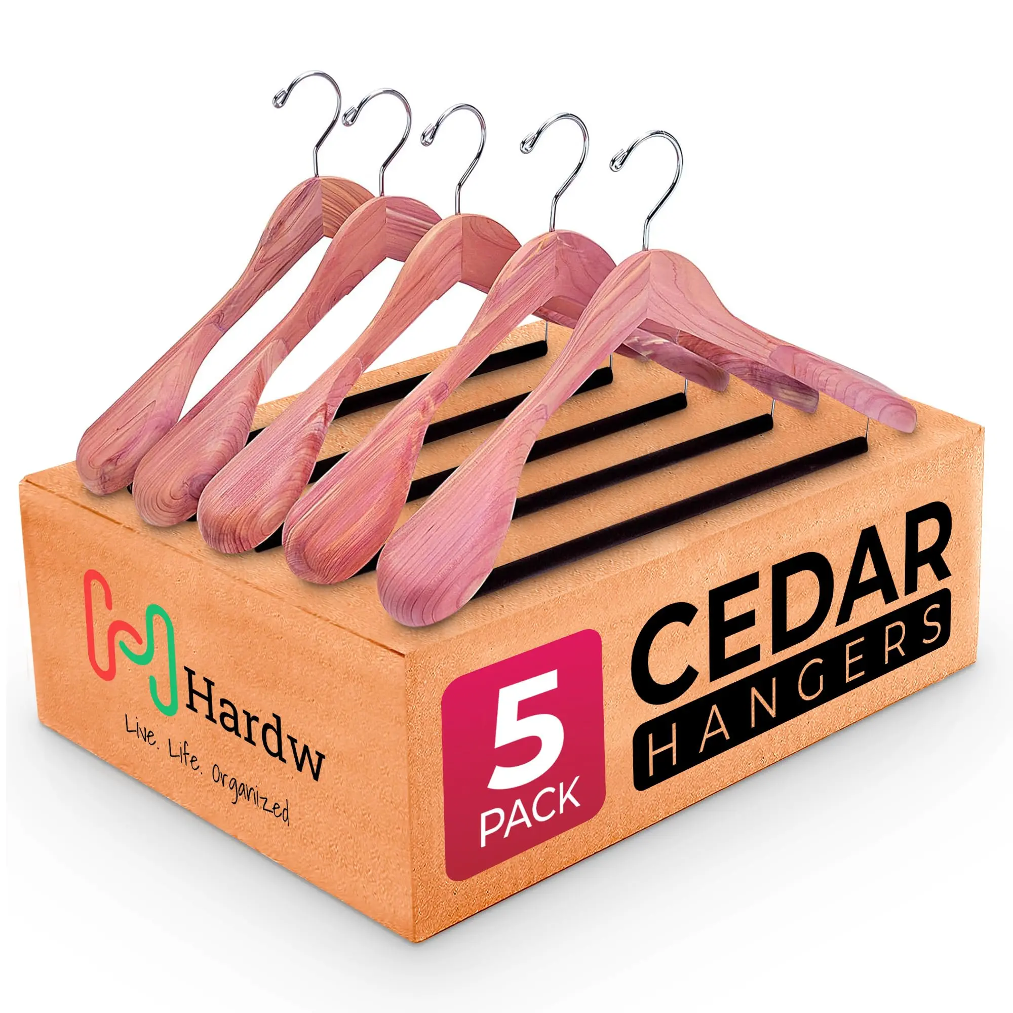 Cedar Hangers for Closet - 5 Pack Extra Wide Wooden Hangers for Suits, Coat, Dress, Jacket, Clothes Storage - Non Slip Foam Padded Pant Bar with 360° Swivel Hook, Aromatic American Cedar Wood
