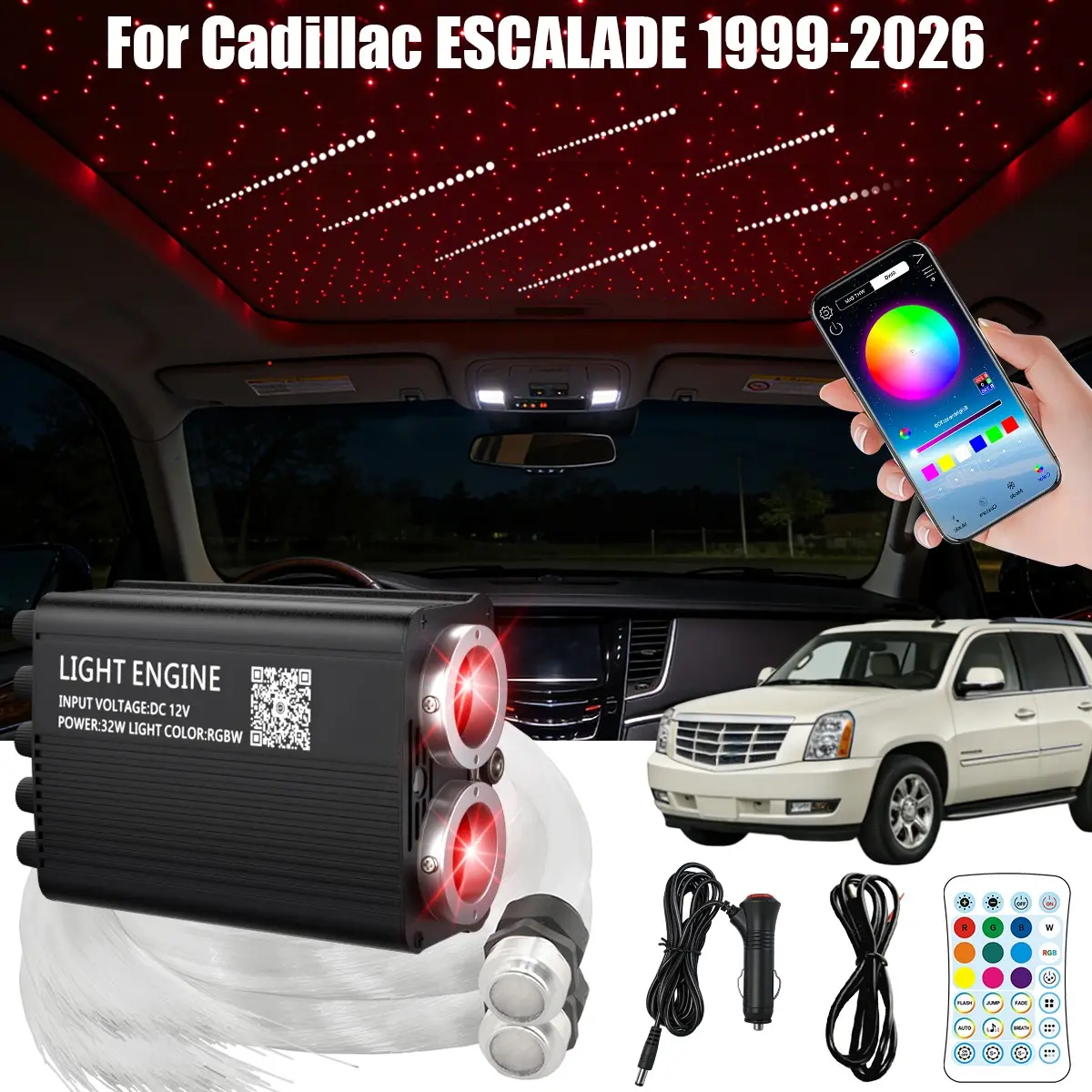 Starlight Headliner Kit for Cadillac Escalade 1999-2026, 300-1200pcs Fiber Optic Roof Lights with Steady/Twinkle/Meteor Modes, 16W/32W APP Remote Control, Summer Road Trip Essential, 2-Year Warranty