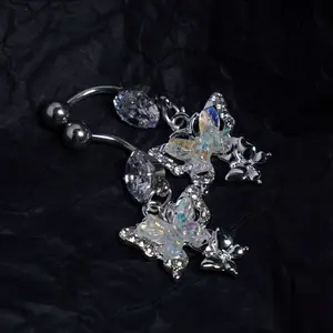Butterfly Belly Button Ring 14G, Stainless Steel CZ Navel Piercing Jewelry