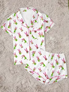 Bobs Burgers Family All-Over Printed Fitted Short Sleeve Shorts Set, Comfortable Outerwear Party Gift Home Wear, Casual Style Pajama Set