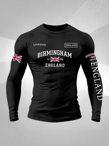 Men's British Flag Letter Print Long Sleeve T-Shirt, Casual Comfortable Round Neck Top, Spring & Fall Daily Wear, Sporty Fitted Style, Casual Stylish Tee