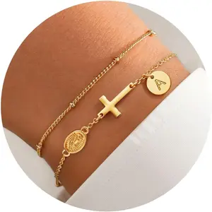 Cross Initial Bracelets for Women - Virgin Mary Cross Bracelet Stack, Dainty 14K-Gold-Plated Disc Letter A-Z Initial Bracelet Christian Baptism Gift for Women Jewelry