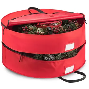 ZOBER Christmas Wreath Storage Container - Wreath Bag Fits 2 Wreaths Box - Fabric Interior Compartment for Storing Garlands, Wreaths Storage Bag Strong Durable Handles