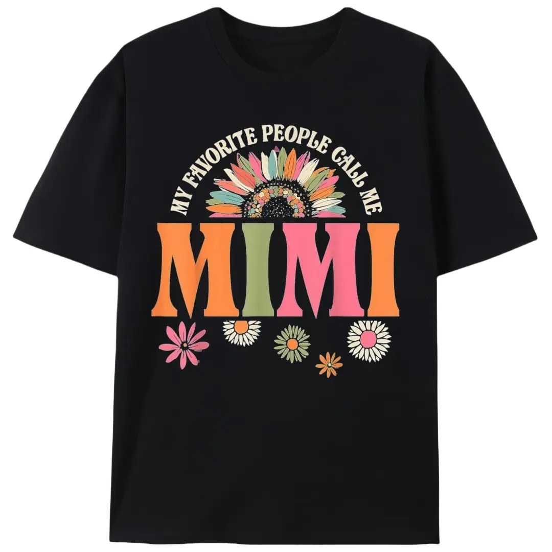 Women's Short-Sleeve Fitted Round Neck Cotton Knit Tshirt Tops - "My Favorite People Call Me Mimi" Print, Retro Floral Casual Summer Grandma Gift