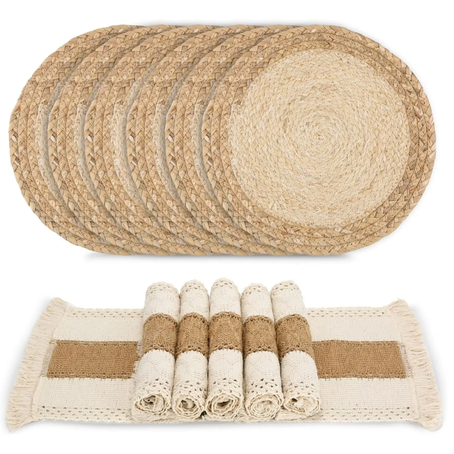 12Pcs Handmade Bohemian Stripes Square-Round Cotton Burlap-Water Straw Woven Placemats Set - Macrame-Farmhouse Style Dining Table Kitchen Decor, Ideal for Birthday, Party Home Improvement
