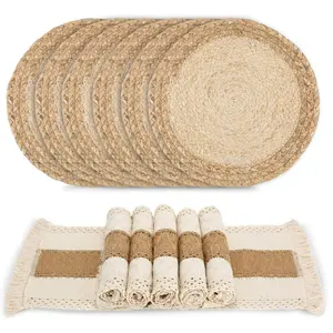 12Pcs Handmade Boho Placemats Set - Natural Cotton Burlap and Water Straw Woven Combination Table Mats, Macrame Décor and Farmhouse Style Placemats, for Dining Table Kitchen - Home Improvement.