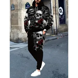Men's Casual Polyester Sweatsuit with 3D Skull and Rose Print, ded Long Sleeve Pullover with Drawstring, Slight Stretch Fabric, Regular Fit Hiking & Outdoor Tracksuit Set for Spring/Fall Season
