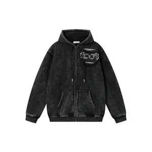 Men's Fall Winter Washed Distressed Hoodie Jacket, Thorns Embroidery Design, Casual Fashion Sweatshirt Coat for Men