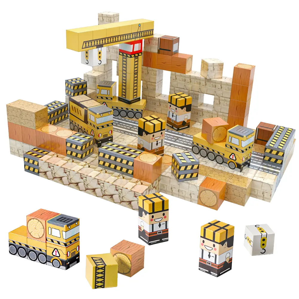 100PCS Engineering Magnetic Cubes Building Block Kit Build Tower Cranes, Construction Trucks & Buildings, Fun STEM Building Toy for Kids