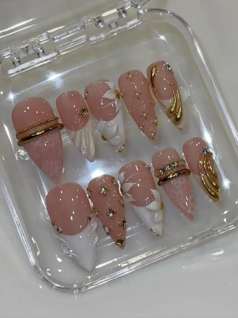 Luxury Bridal Press On Nails | Pearl Gold 3D Flower Nail Set | White Lace Wedding Nails