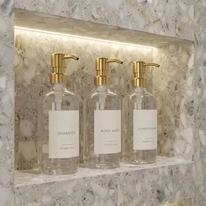 Stylish Shampoo and Conditioner Dispenser Set of 3 - Modern 21oz Clear Shower Soap Bottles with Pump and Labels, Easy to Refill Body Wash Dispensers for Bathroom Decor Upgrade