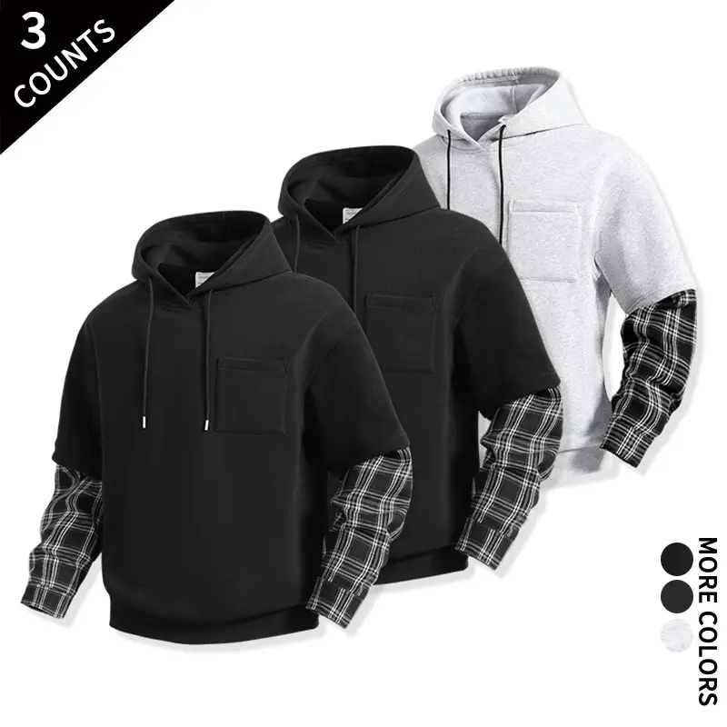 3 Pack Men’s Fake Two Piece Plaid Patchwork Hoodies Casual Long Sleeve Pullover Hooded Sweatshirts with Pocket Streetwear Daily Tops