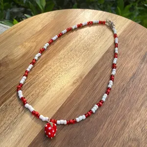 Red and White Beaded Strawberry Charm Necklace