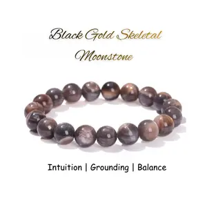 Lovskaya Black Gold Skeletal Moonstone Natural Crystal Bracelet 8mm Beads Elegant Unisex Jewelry for Intuition Grounding Balance