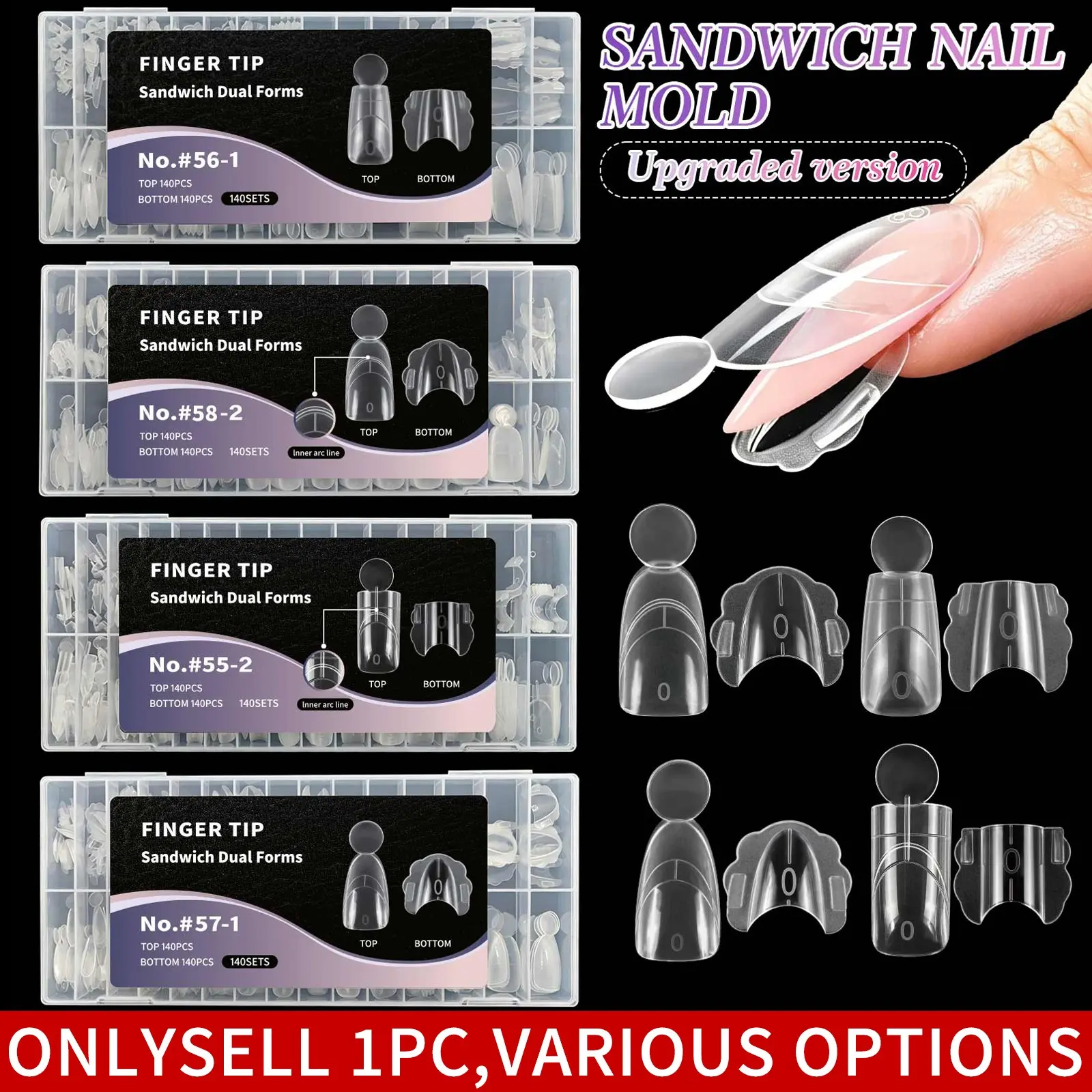 140Pcs Hot‑Sale Sandwich Nail Forms, Almond & Square Shapes, Quick Extension Dual‑Layer Nail Molds, Nail Extension Tools, No Paper Tray, Non‑Builder Clear Crystal Molds for UV & Acrylic Nails