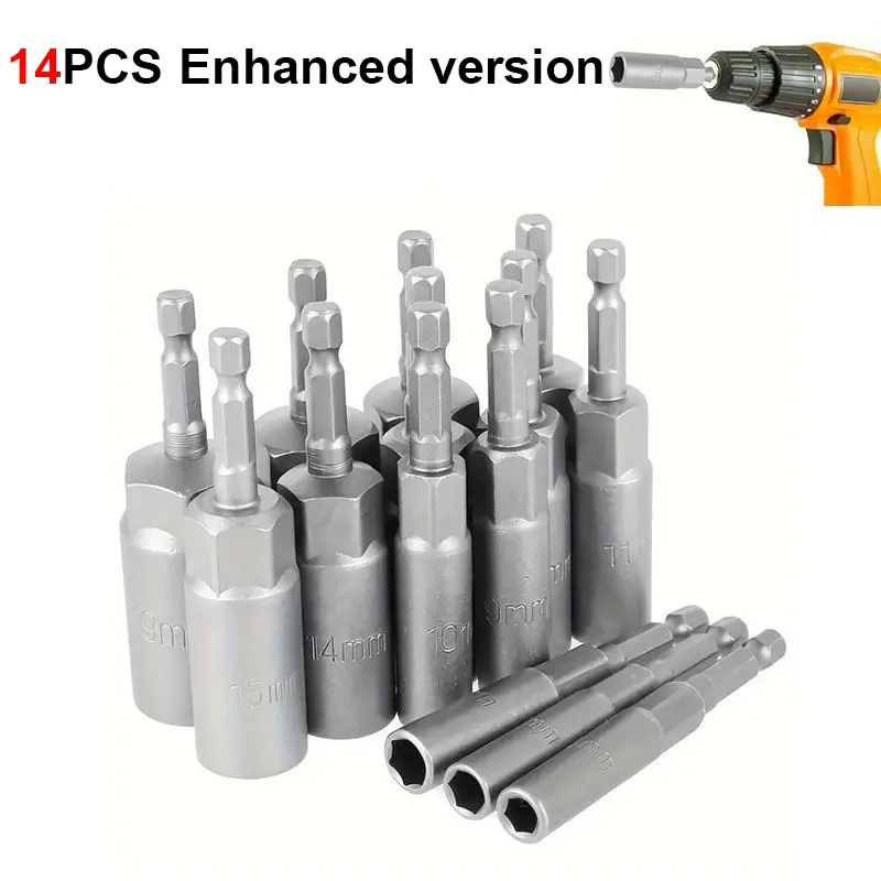 Magnetic Hex Socket Adapter Set, 14pcs 6-19mm Deep Socket Adapters, Drive Sockets, Hex Shank Nut Driver Drill Bits, Magnetic Hex Socket Set, Wrench Extender Tool