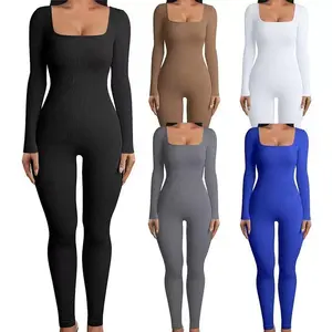Women’s new autumn–winter one-piece ribbed jumpsuit with a square neckline—slimming and sexy