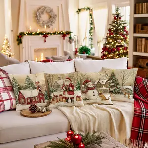 Set of 4 Christmas Cushion Covers, Festive Tree Snowman Design, Soft Plush Material, Hidden Zipper Closure, Perfect for Home Decor