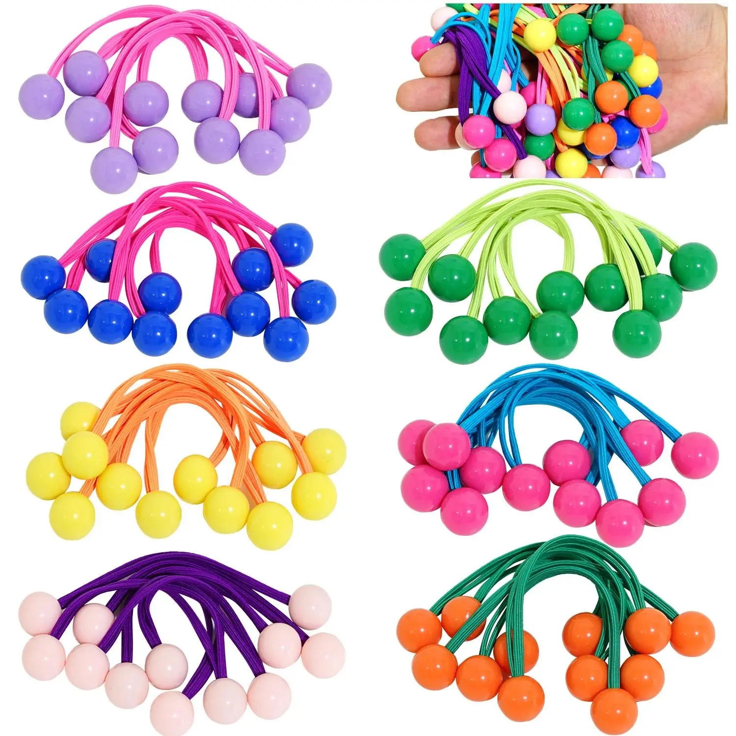 Girls' 42-Pcs Colorful Round Bead Hair String & Elastic Candy-Look Double Ball Ends Headband Set - Sewing Accessory for School Events, Festive Vibe Occasions