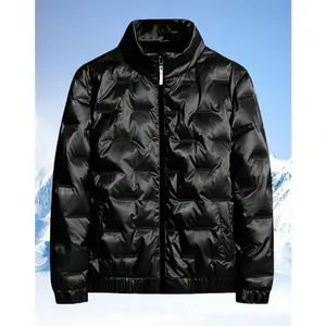 Men's Casual Versatile Solid Color Cotton-Padded Jacket with Cotton for Warmth Black Zip-Up Design