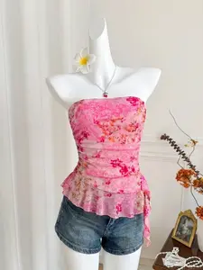 Floral Mesh Bustier, Ruched Waist Leaf Edge Y2K Short Top, Nk-0004-603004, Fashionable and Stylish Upper Garment