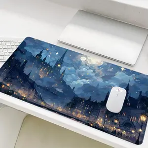 Fantasy Starry Night Castle Illustration Mouse Pad, Rectangle Gaming Mouse Pad, Non-Slip Rubber Base Stitched Edge Desk Pad for Home Office, Computer Desk Pad