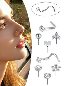 Stainless Steel Cz Nose Studs, S-Shaped L-Shaped Heart Design, Replaceable Pin, Unisex Casual Daily Piercing Jewelry