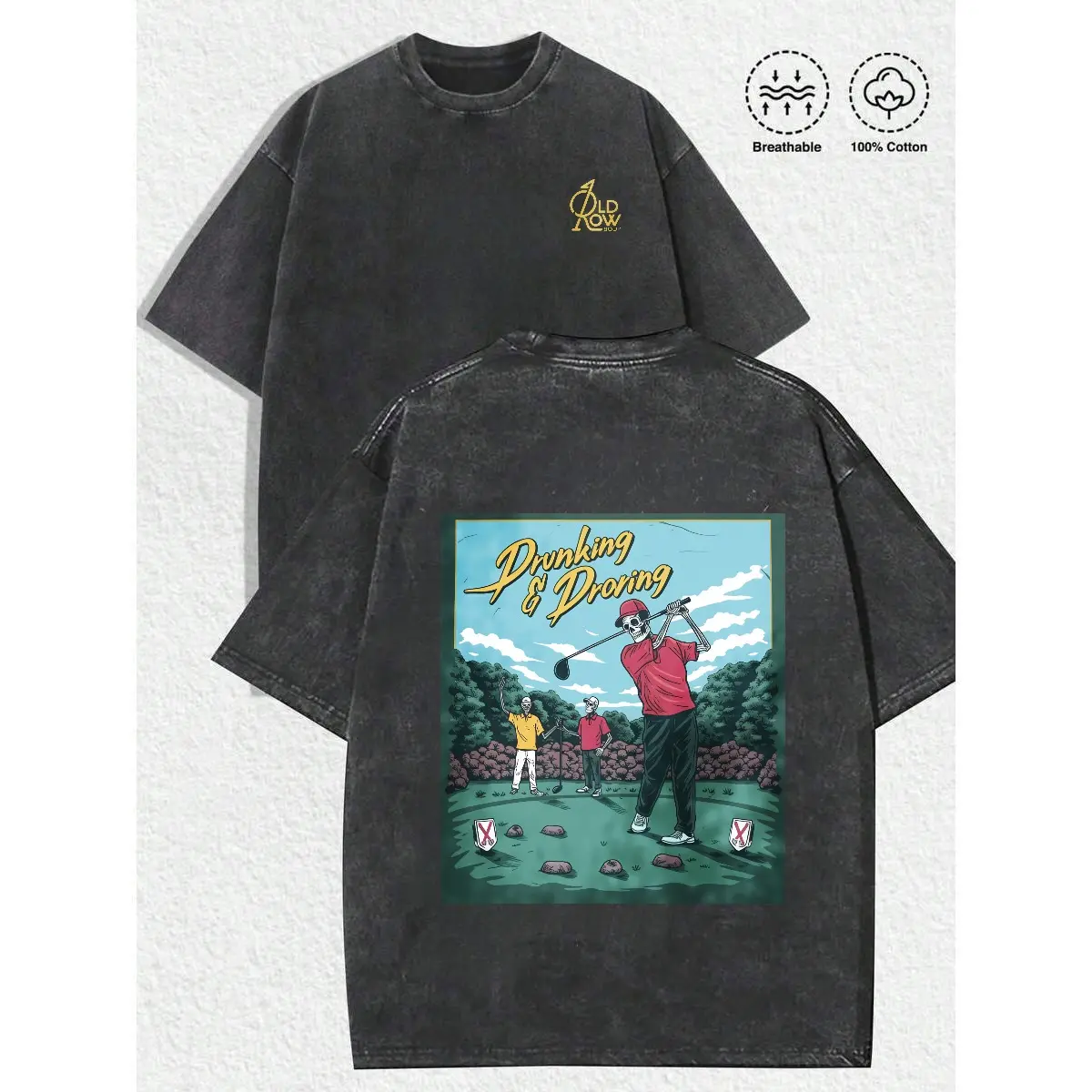Washed T-shirt Vintage washed dual-sided golf graphic tee featuring "FORE DRAGONS" design, classic crew neck and loose fit for all-season wear. Perfect casual streetwear pick for weekend leisure and golf-themed outings. Crewneck   Menswear Tshirt