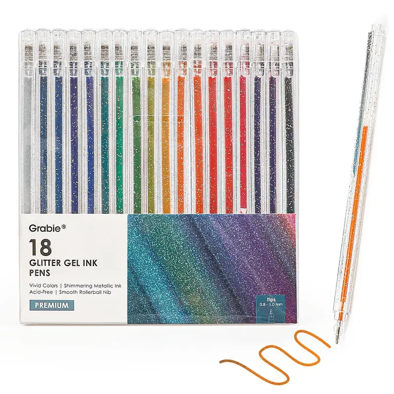 Grabie Dual Tone Iridescent Glitter Gel Ink Pens - 18 Vibrant Shades Multi Color Pens with Fine-Point Crisp Line, Smooth Nib Glitter Inks for Lettering, Scrapbooking, Back to School Class Reward Gift Idea