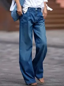 Women's Plus Size Casual Wide Leg Jeans, Stretch Denim Jeans, Washed Loose Fit, New Style Comfortable Fashion for Daily Wear