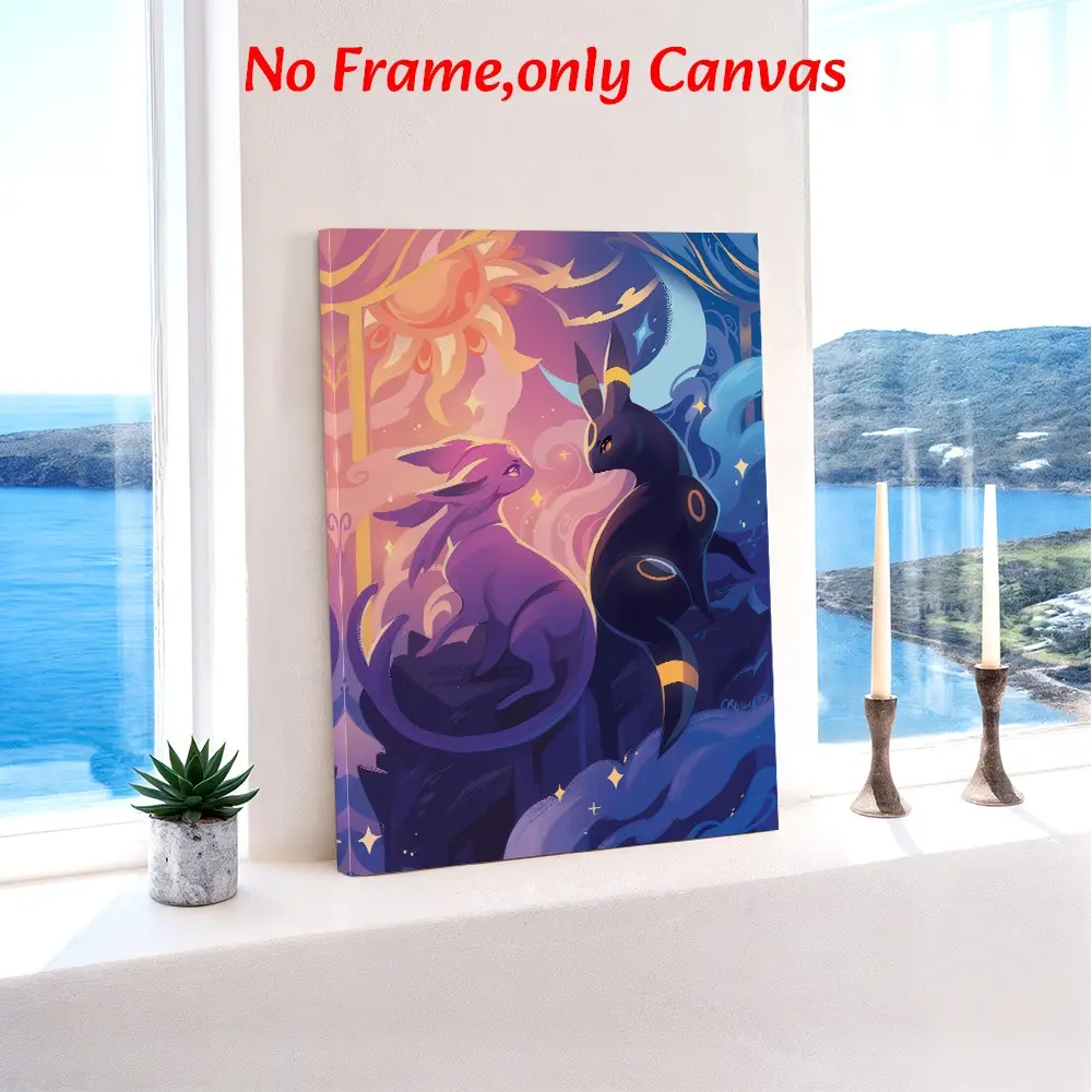 Japanese Anime Wall Art, Espeon And Umbreon Retro Poster, Vintage Pokemon Style Printing, Purple And Orange Canvas Decoration, Home Wall Decor, Bedroom & Game Room Aesthetic, Perfect Gift For Pokemon Fans, Unframed.