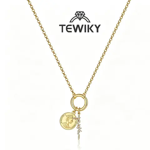 TEWIKY Women's 14K Gold Plated Charm Necklace, Lucky Zircon Cross Faith Pendant,Vintage Retro Round Portrait Medallion Necklace,Adjustable  Chain, Personalized Minimalist Y2K Style Accessories,Hypoallergenic Tarnish Resistant Stackable Necklace,