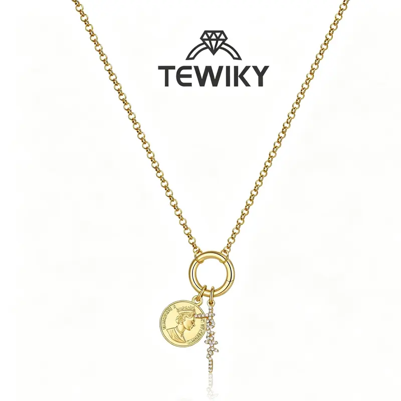 TEWIKY Women's 14K Gold Plated Charm Necklace, Lucky Zircon Cross Faith Pendant,Vintage Retro Round Portrait Medallion Necklace,Adjustable Chain, Personalized Minimalist Y2K Style Accessories,Hypoallergenic Tarnish Resistant Stackable Necklace,